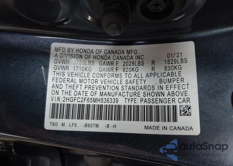 2021 Honda Civic Lx from USA, damaged, VIN 2HGFC2F65MH536339